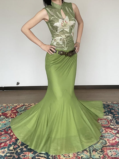 Wet Tail Elastic Mid Waist Chinese Inspired Mermaid Hem Casual Women Maxi Skirts