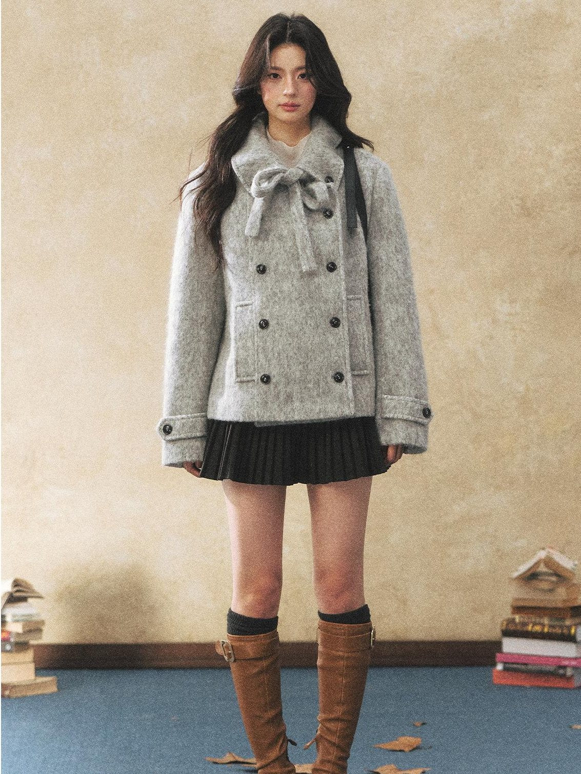 7Shiftin Warm Casual Fitted Waist Bow Detail Double Breasted Cropped Women Knit Sweaters