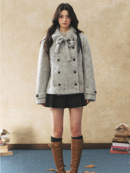 7Shiftin Warm Casual Fitted Waist Bow Detail Double Breasted Cropped Women Knit Sweaters