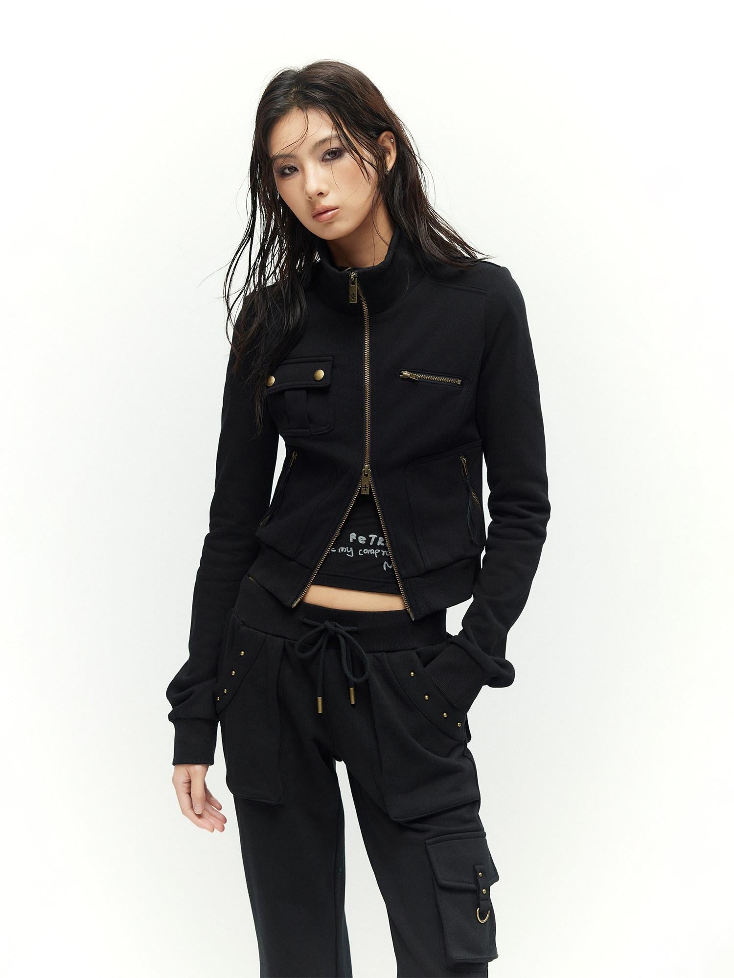 Low pixel Studded Slim Fit Zip Front Stand Collar Thick Cotton Black Top &amp; Pants Sets