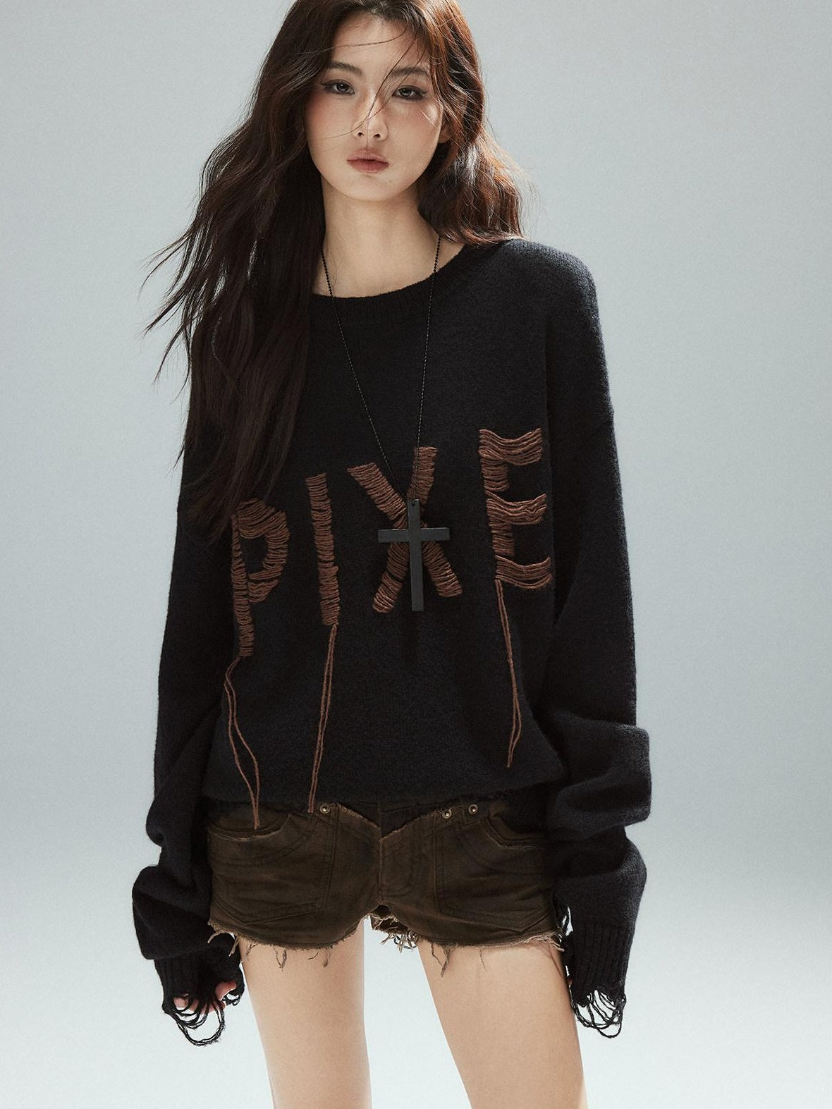 Low pixel Warm Oversized Street Style Distressed Hem Women Black Knit Pullover Sweaters