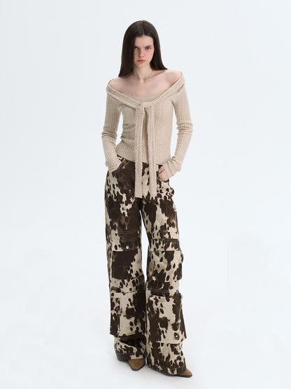 The NeverMore Khaki Wool Blend Slim Fit Layered Tie Detail Off Shoulder Pullover Sweaters