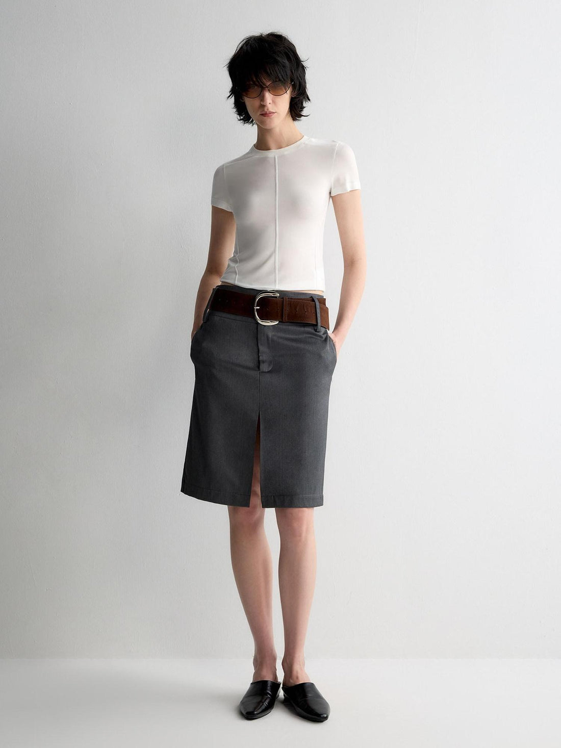 RUN TO THE FUTURE Lined Wool Blend Low Waist Pockets Vintage Office H Silhouette Midi Skirts