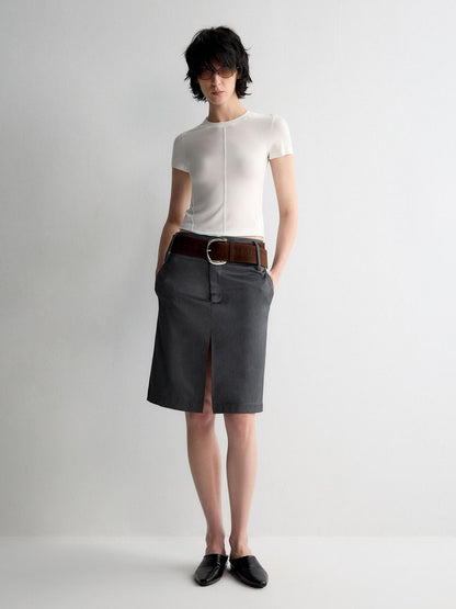 RUN TO THE FUTURE Lined Wool Blend Low Waist Pockets Vintage Office H Silhouette Midi Skirts