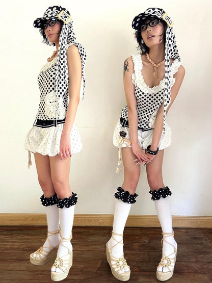 nit alcove Soft Breathable Cotton Cute Polka Dot Knee High Unisex White Gray Socks