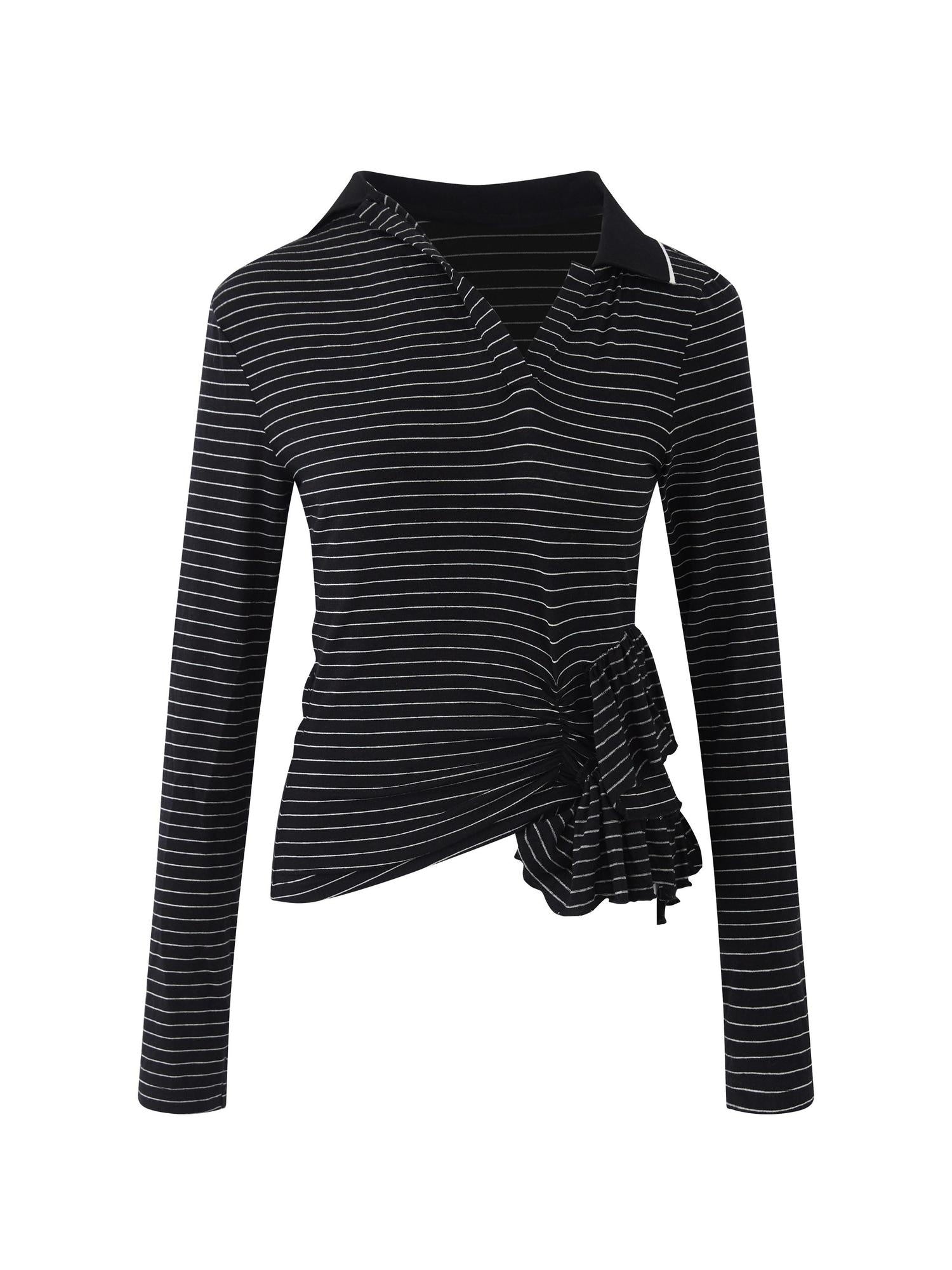 RUN TO THE FUTURE Slim Fit Ruffle Henley Black White Stripe Womens Wool Blend Long Sleeve T-Shirts