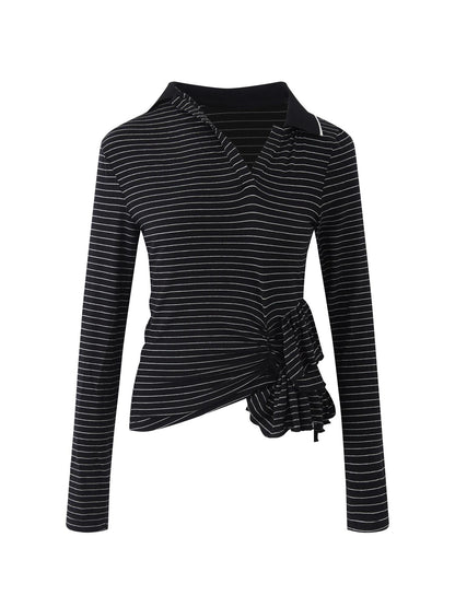 RUN TO THE FUTURE Slim Fit Ruffle Henley Black White Stripe Womens Wool Blend Long Sleeve T-Shirts