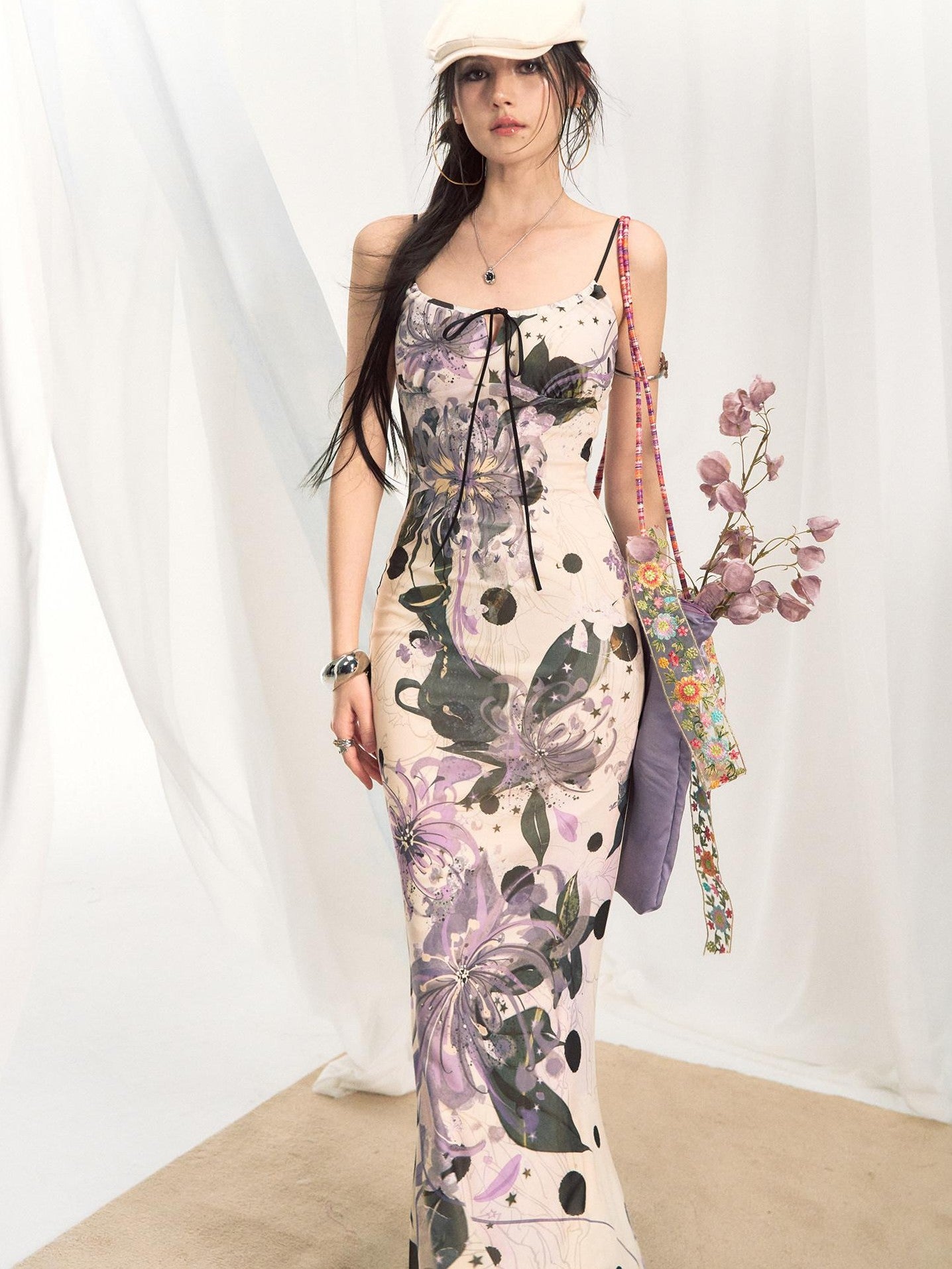 OfAkiva Fishtail Printed Cinched Waist Spaghetti Strap Women&