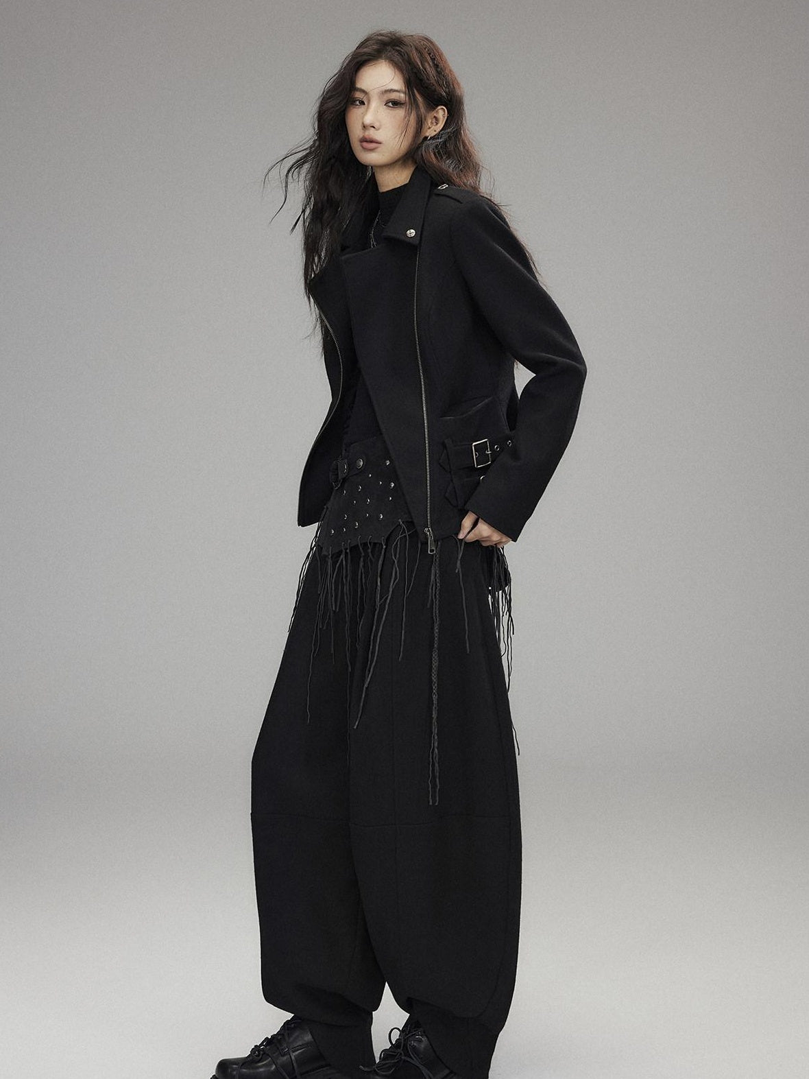 Low pixel Low Rise Wool Blend Micro Stretch Casual Zip Fly Women Black Wide Leg Pants