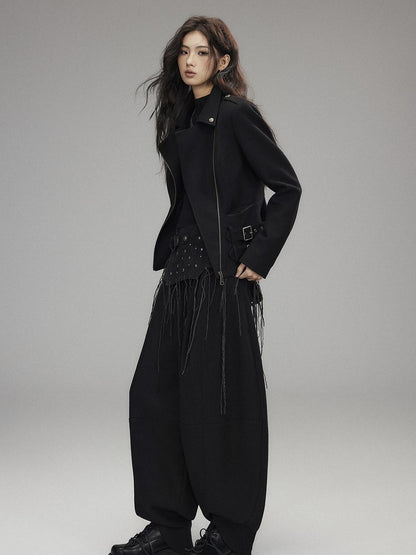 Low pixel Low Rise Wool Blend Micro Stretch Casual Zip Fly Women Black Wide Leg Pants