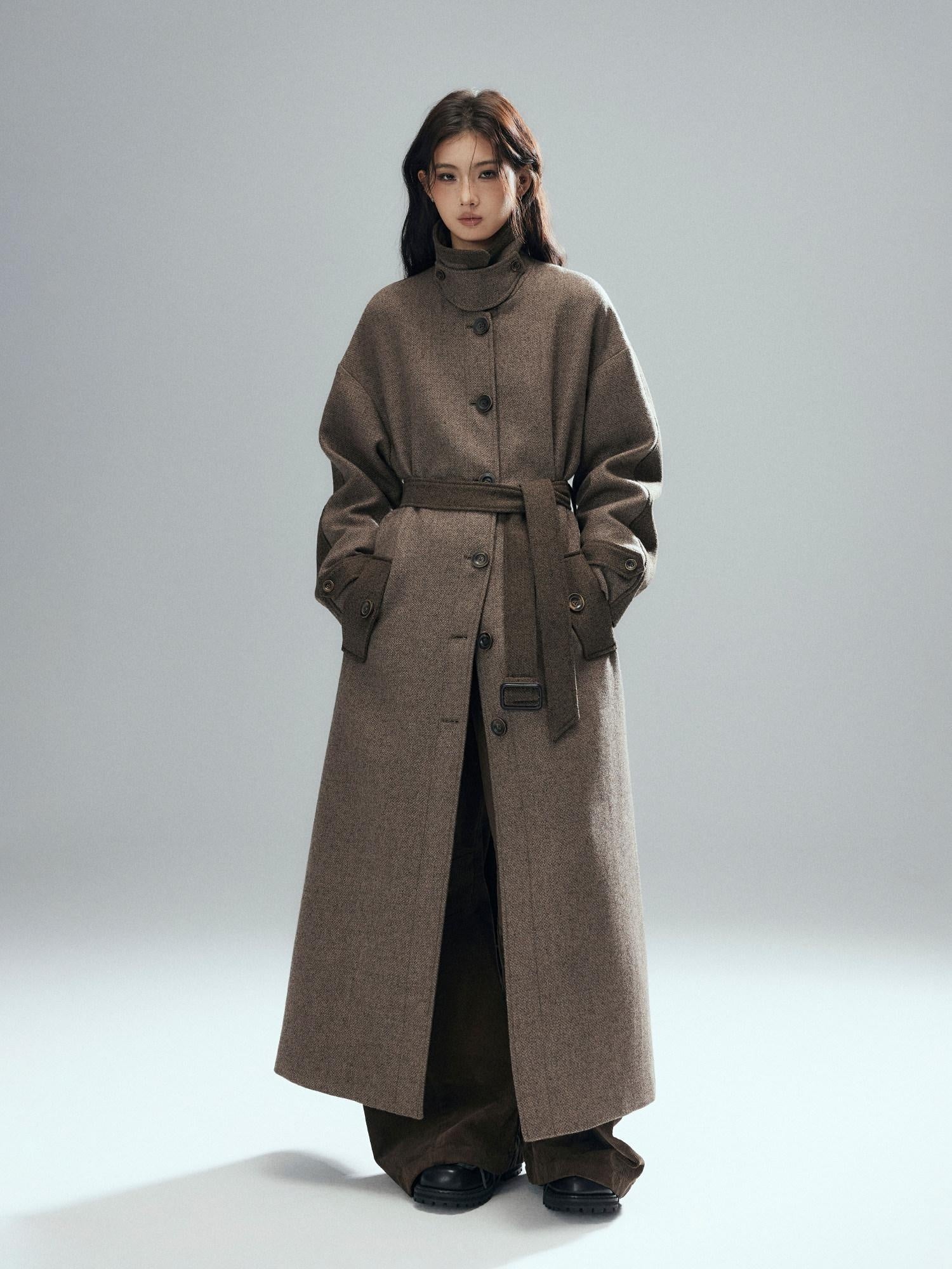 Low pixel Wool Blend Thick Colorblock Oversized Stand Collar Single Breasted Wool Coats