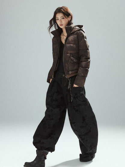 Low pixel Black Cotton Flocked Low Rise Loose Street Women Zip Fly Wide Leg Jeans