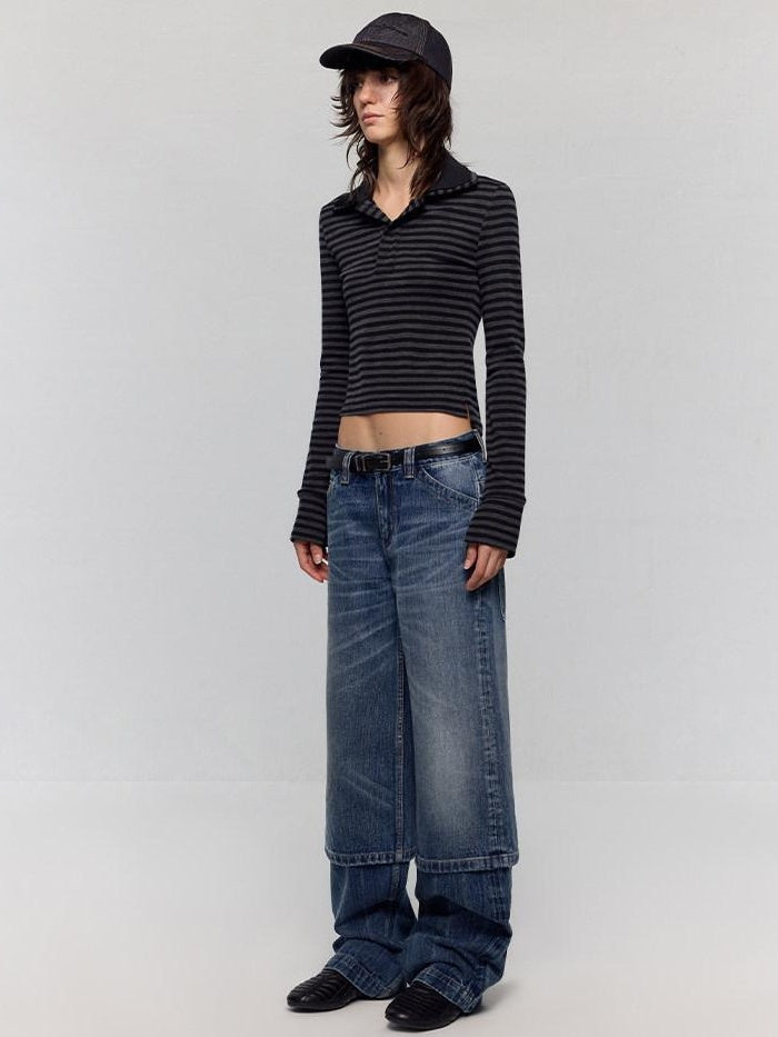 RUN TO THE FUTURE Washed Blue Denim Low Waist Relaxed Fit Casual Zipper Fly Wide-Leg Jeans