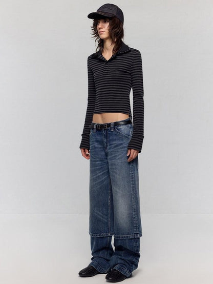 RUN TO THE FUTURE Washed Blue Denim Low Waist Relaxed Fit Casual Zipper Fly Wide-Leg Jeans