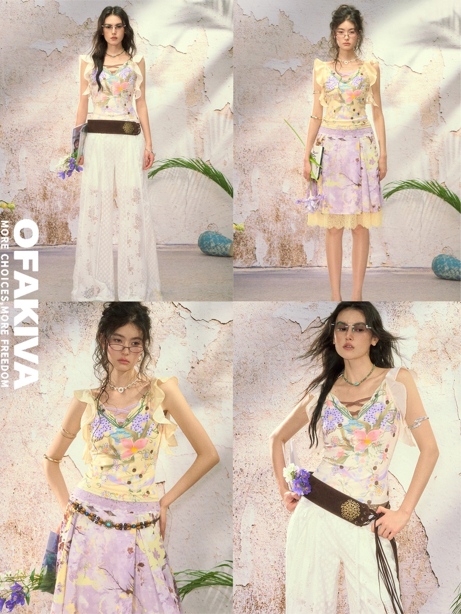 OfAkiva Handpainted Floral Ruffle Cross Tie Women&