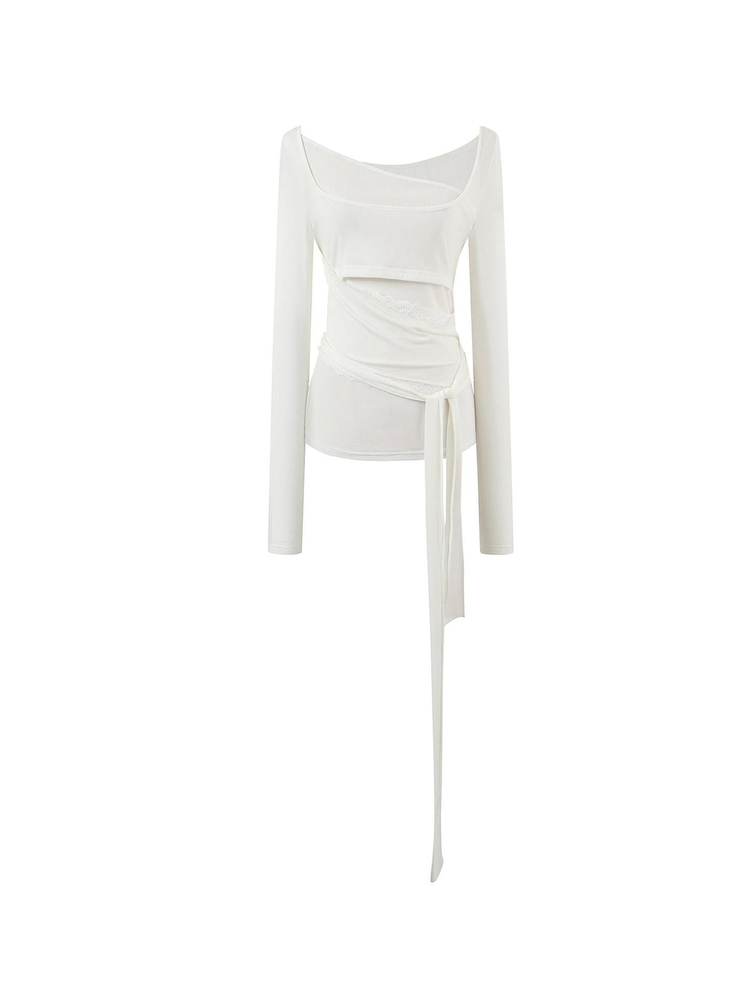 7Shiftin Lyocell Wool Blend Slim Lace Panel Cross Motif White Pink Long Sleeve Crop Tops