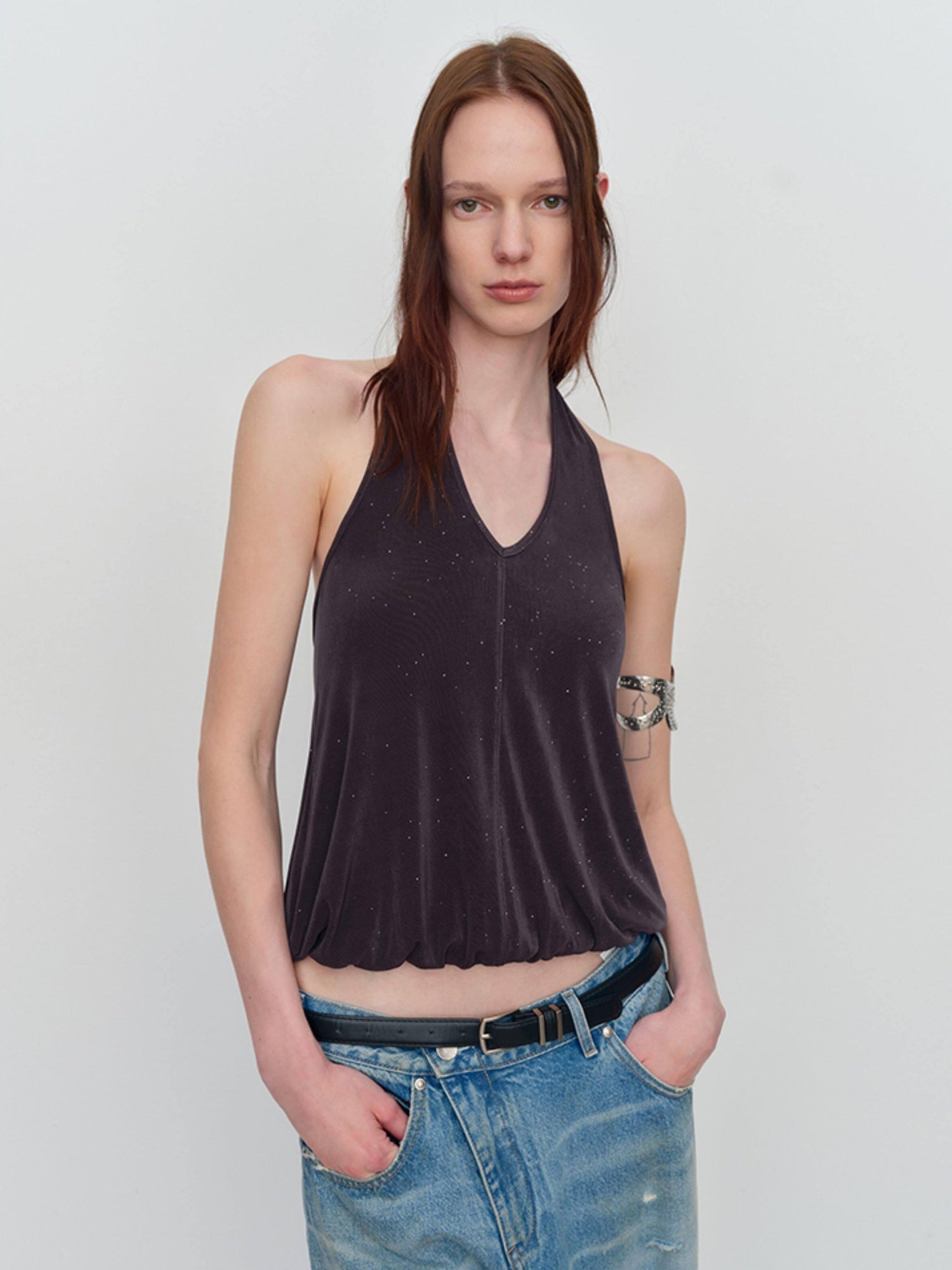 RUN TO THE FUTURE Shimmer Sequin Halter Cropped Unlined Solid Stretch Polyester Women Camisoles