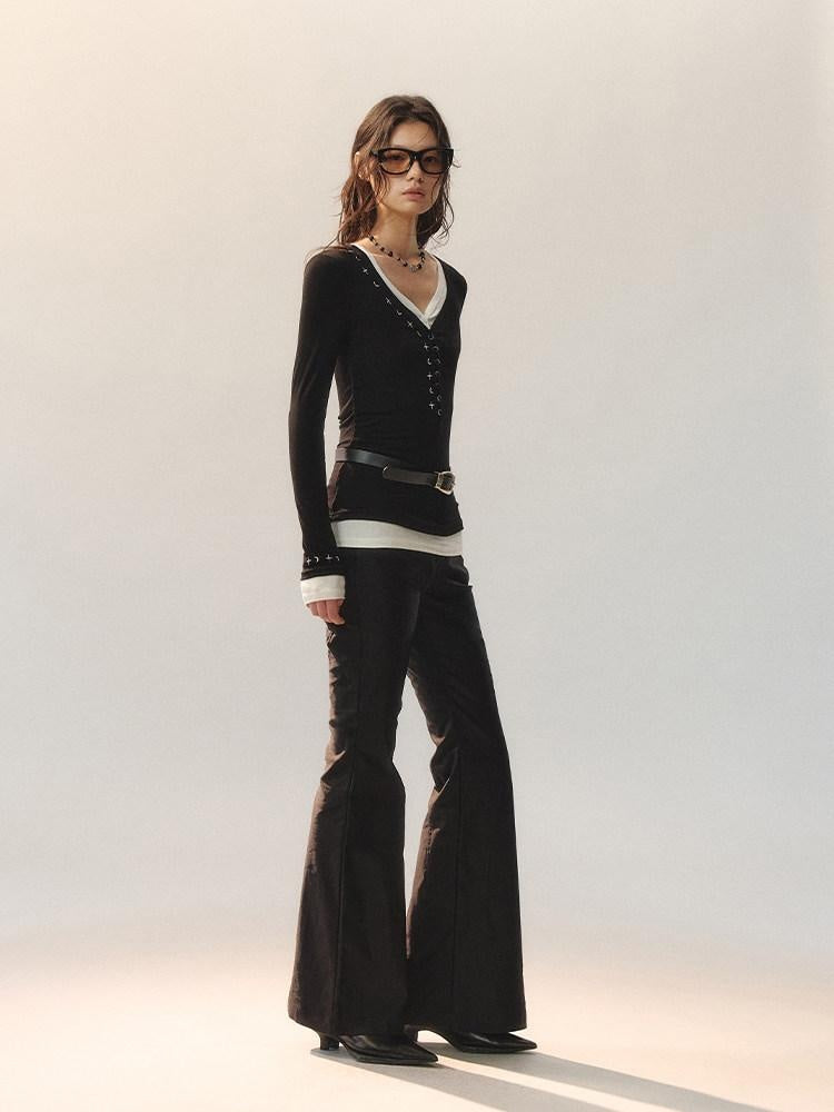 AnnoMundi Stretch Cotton Blend Slim Casual Natural Waist Women Black Straight Pants