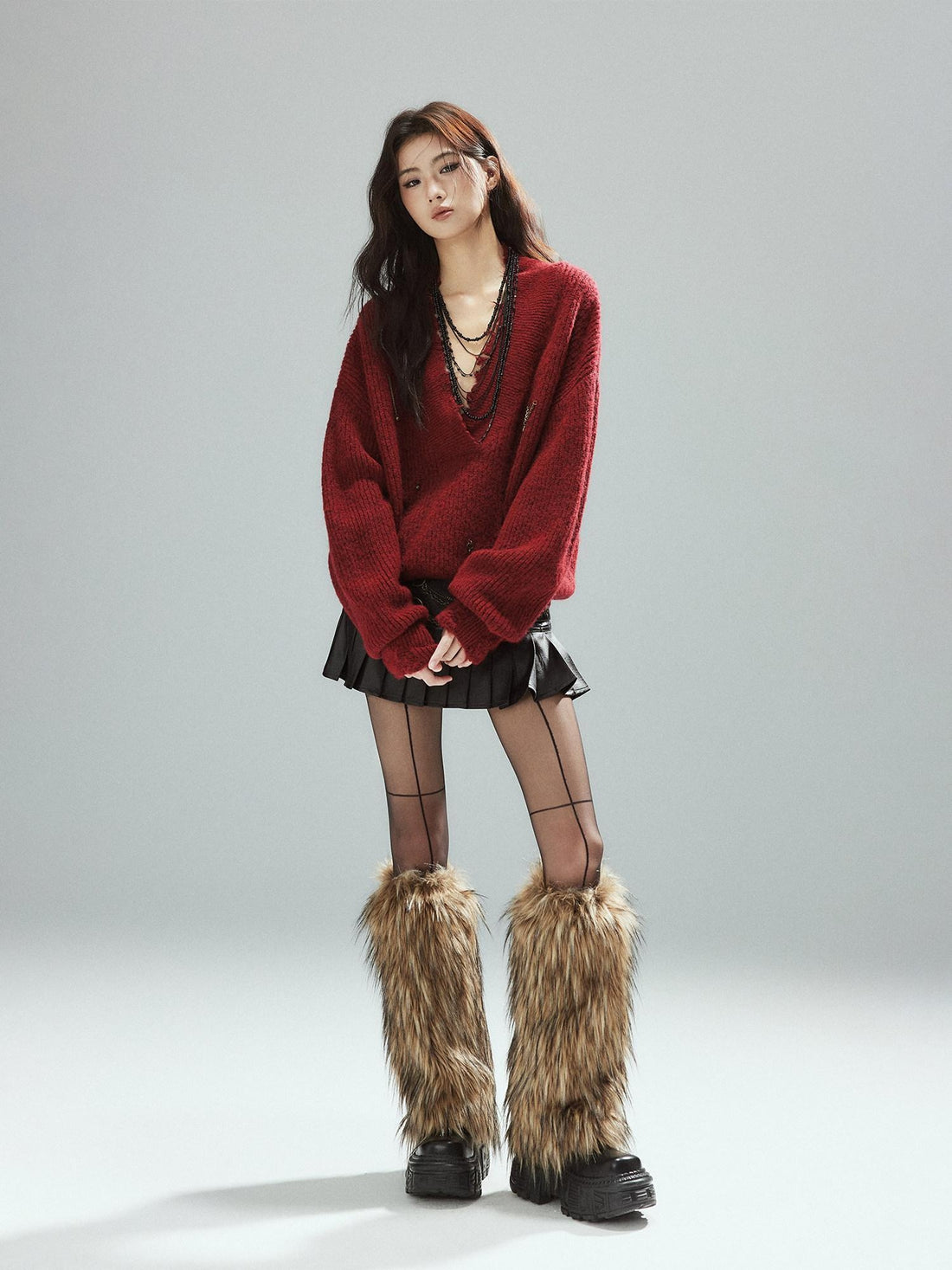 Low pixel Warm Oversized Street Raw Hem Women V-neck Red Pullover Sweaters