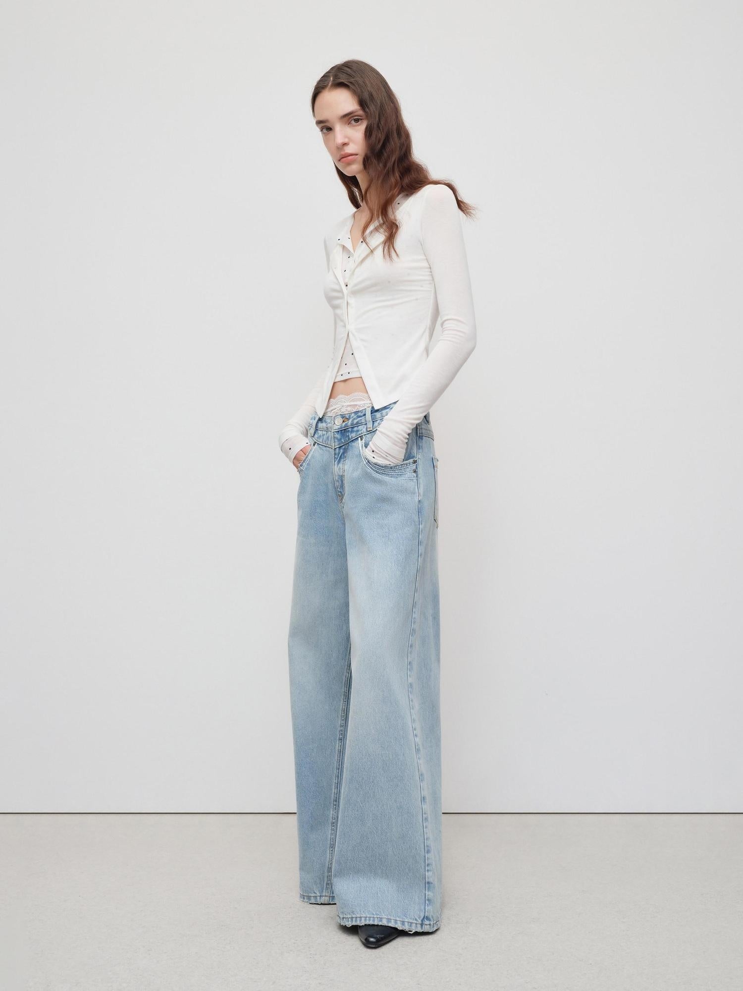 RUN TO THE FUTURE Light Blue Casual Loose Natural Waist Button Fly No Stretch Women Wide-Leg Jeans