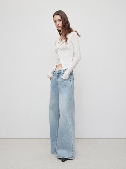 RUN TO THE FUTURE Light Blue Casual Loose Natural Waist Button Fly No Stretch Women Wide-Leg Jeans