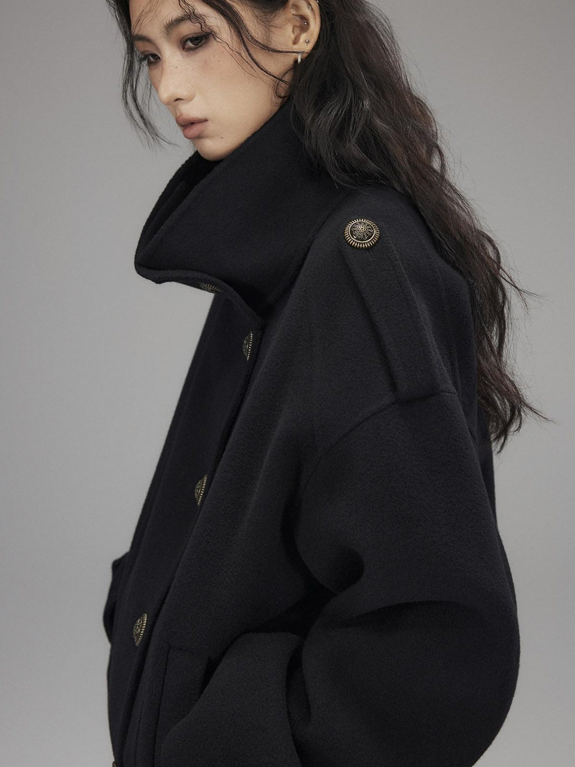 Low pixel Warm Oversized Street Midlength Notch Lapel Wool Cashmere Black Wool Coats
