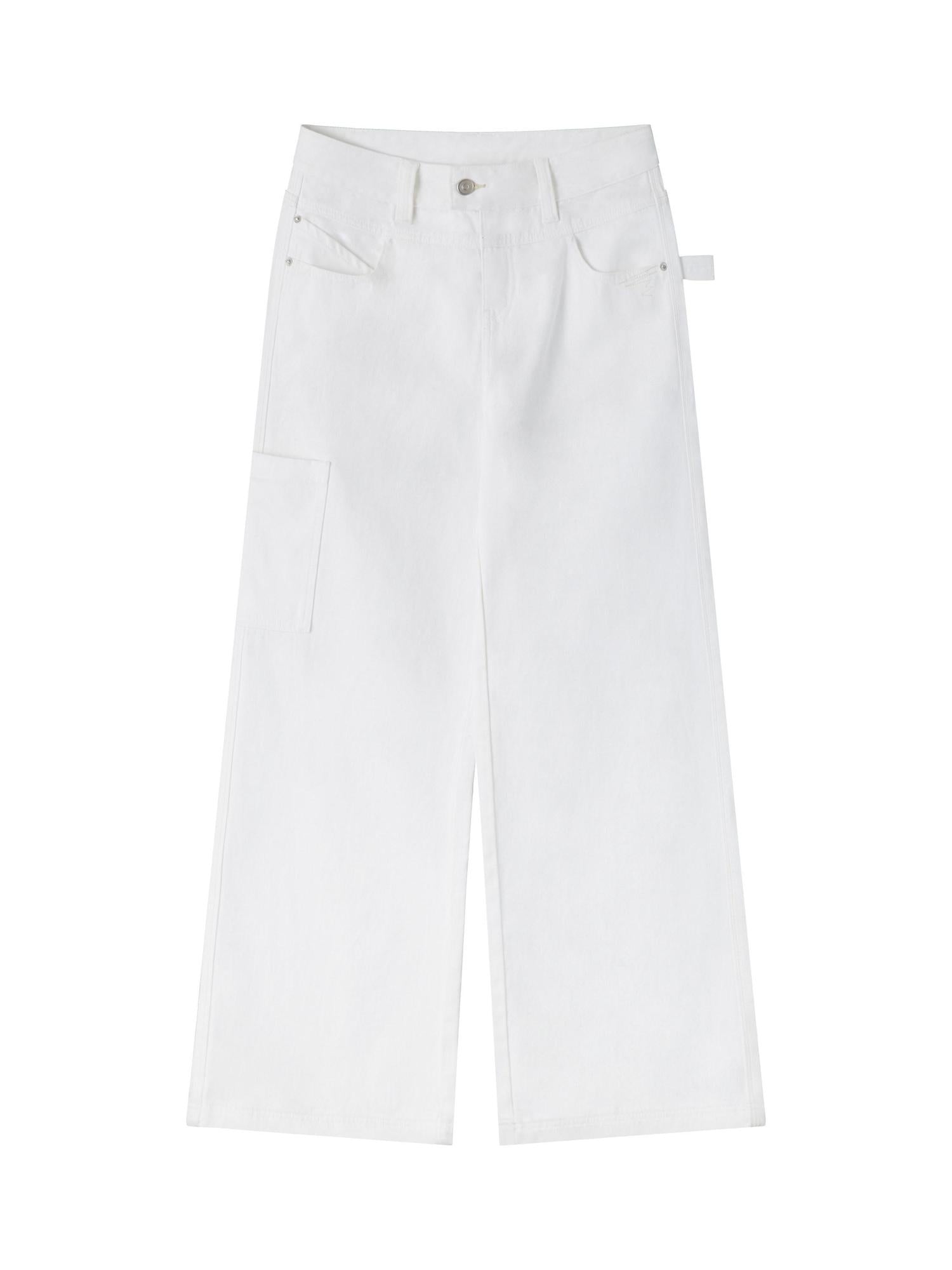 RUN TO THE FUTURE Low Rise 96 Percent Cotton Casual Loose Fit White Denim Wide-Leg Jeans
