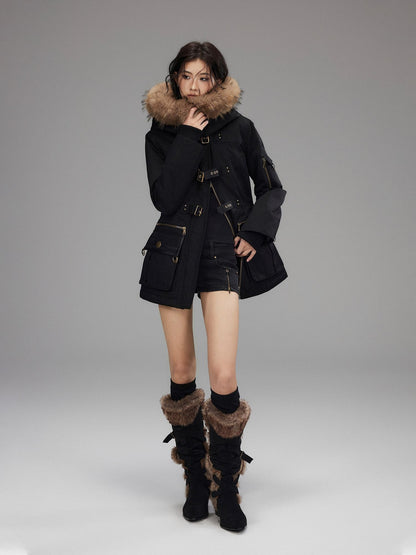 Low pixel Warm Cotton Utility Cinched Waist Multi Pocket Hooded Women Black Puffer Jackets