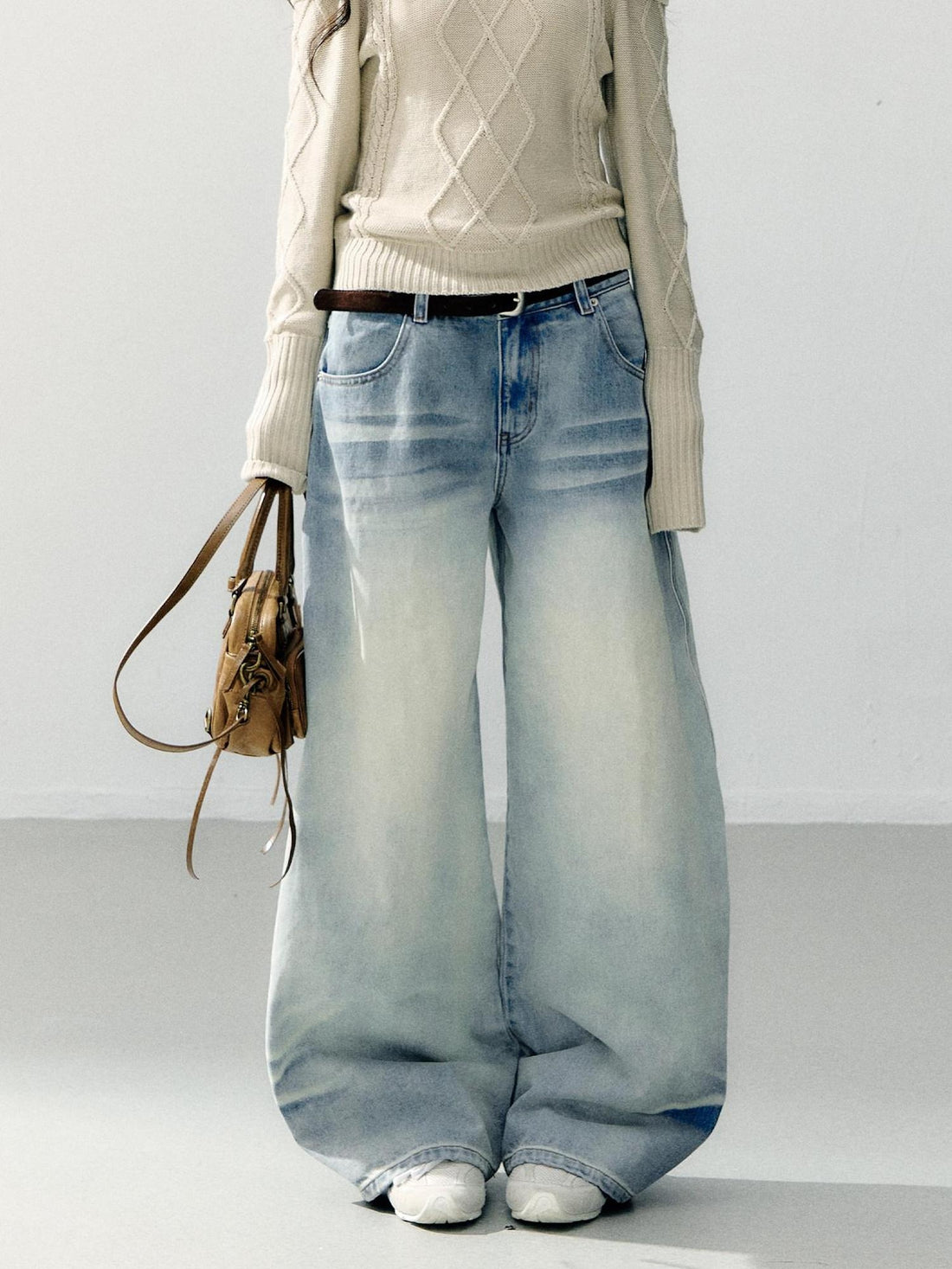 7Shiftin Washed Cotton Natural Waist Girly Zip Fly Non Stretch Blue Women Wide Leg Jeans
