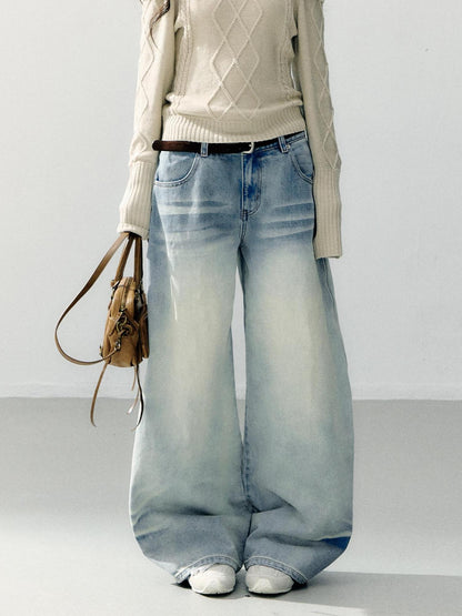 7Shiftin Washed Cotton Natural Waist Girly Zip Fly Non Stretch Blue Women Wide Leg Jeans