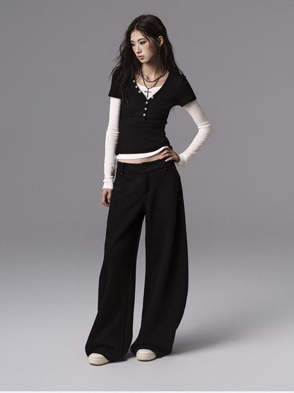 Low pixel Low Waist Dark Minimal Curved Button Fly Black Women Rayon Wide Leg Pants