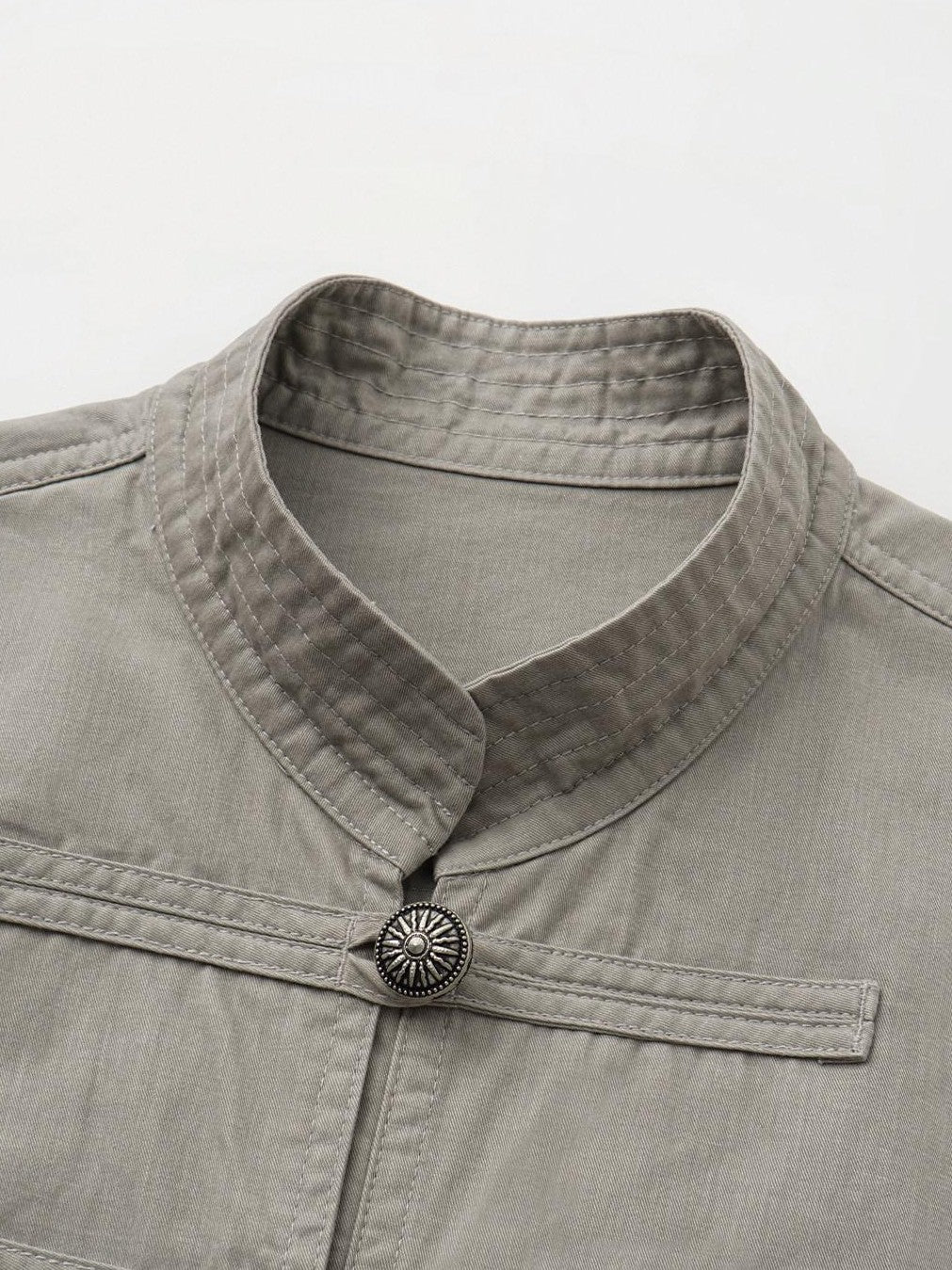oinimi Star Gray Washed Napoleon Button Stand Collar Fitted Waist Women&
