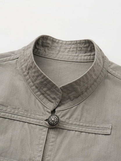 oinimi Star Gray Washed Napoleon Button Stand Collar Fitted Waist Women&