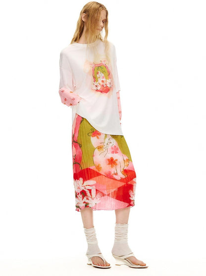 OuttheBlue Cat Garden Print Casual Loose Drop Shoulder Round Neck Long Sleeve T-Shirts