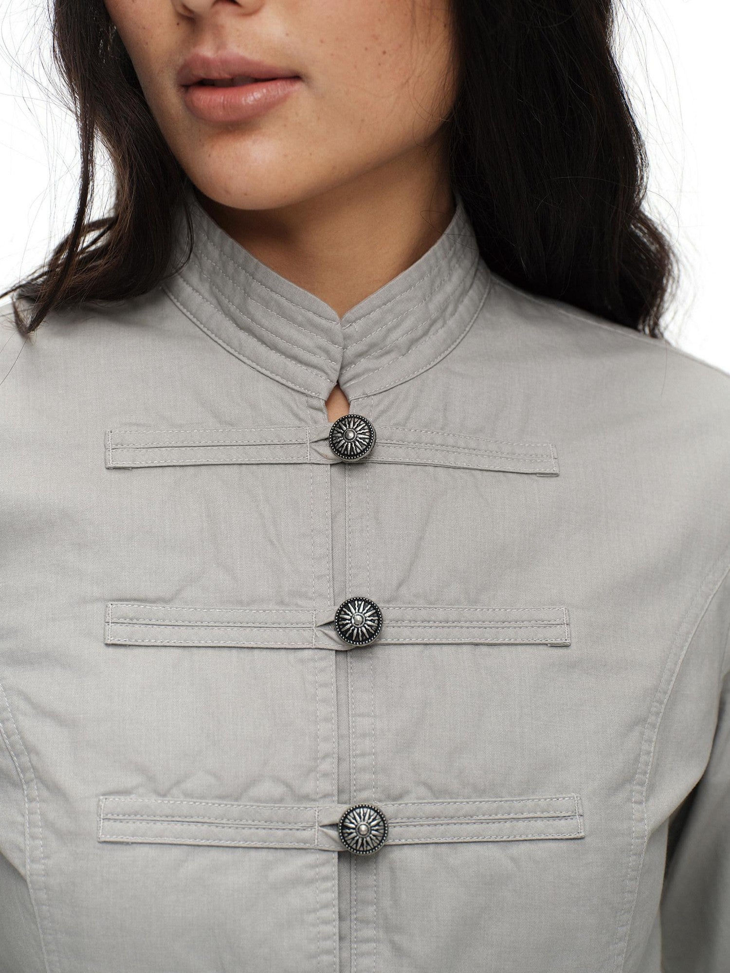 oinimi Star Gray Washed Napoleon Button Stand Collar Fitted Waist Women&