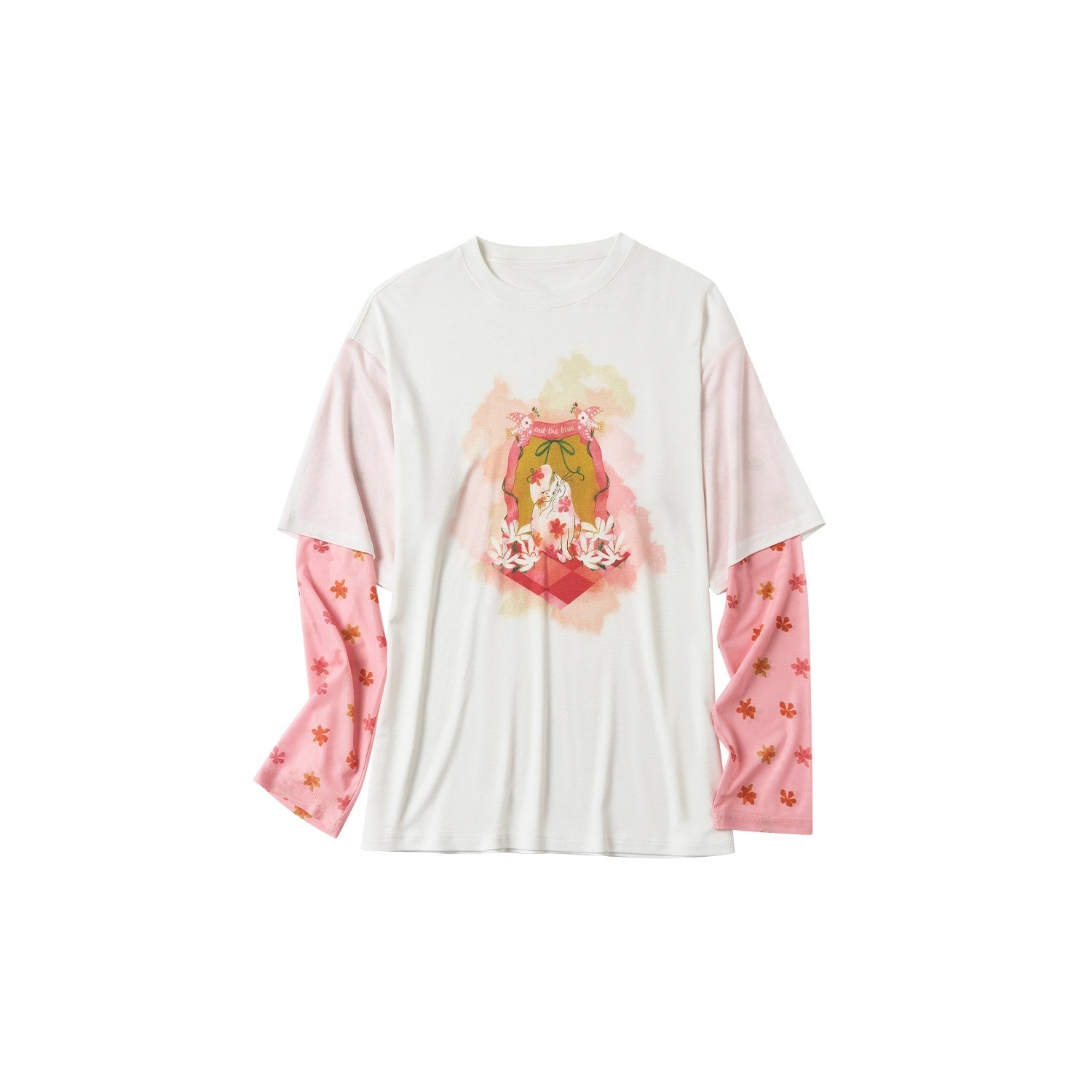 OuttheBlue Cat Garden Print Casual Loose Drop Shoulder Round Neck Long Sleeve T-Shirts