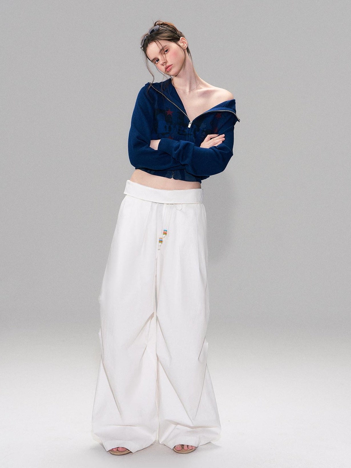 The NeverMore Cotton Blend Vintage Curved Cut Natural Waist Women White Wide Leg Pants