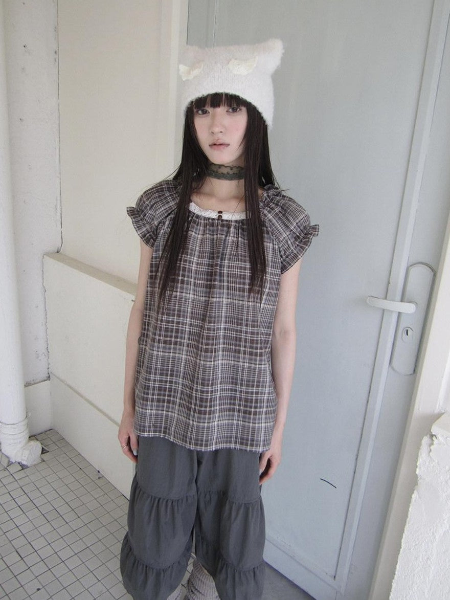 ang project Brown Plaid Patchwork Lace Trim Puff Sleeve Women&