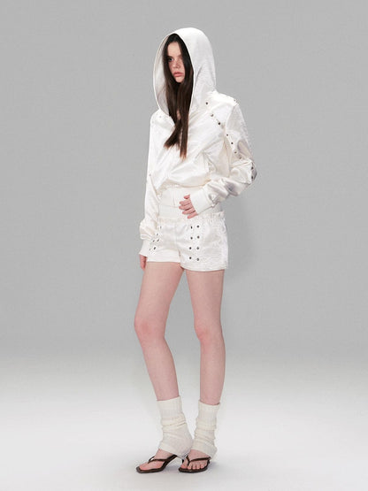 The NeverMore Cozy Cropped Two Piece Set Long Sleeve High Waist Shorts Women Solid Hoodie