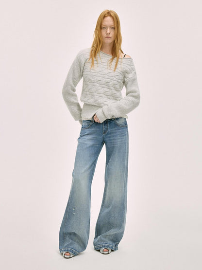 RUN TO THE FUTURE Vintage Washed Flared Cotton Natural Waist Women Blue Wide-Leg Jeans