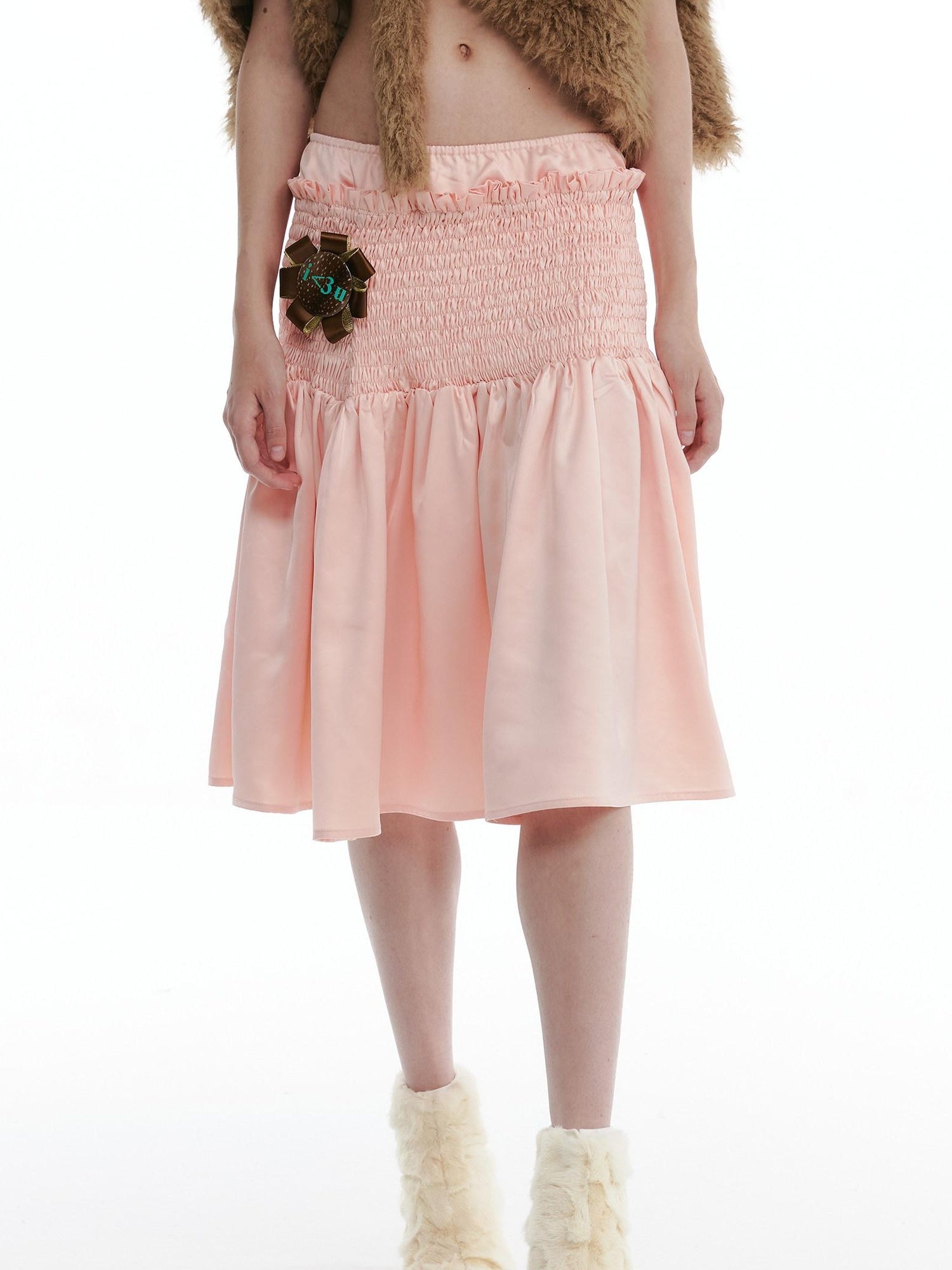 nit alcove High Stretch Ruffle Pleated Low Waist Casual Women Floral Pink Midi Skirts