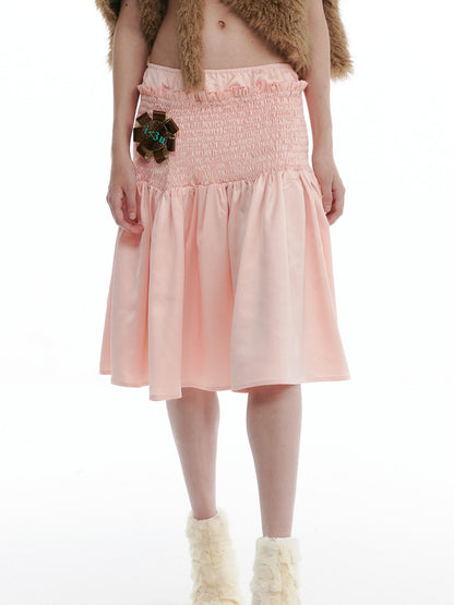 nit alcove High Stretch Ruffle Pleated Low Waist Casual Women Floral Pink Midi Skirts
