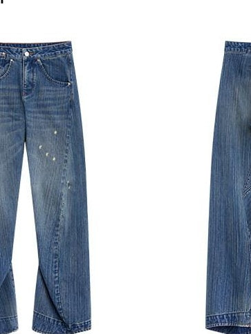 RUN TO THE FUTURE Ripped Washed Durable Low Rise Relaxed Fit Vintage Blue Wide-Leg Jeans