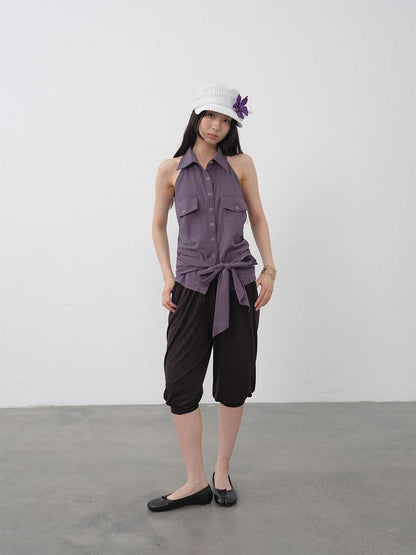DKZ OFFICIAL Purple Halter Neck Shirt Style Lapel Collar Tie Waist Women&