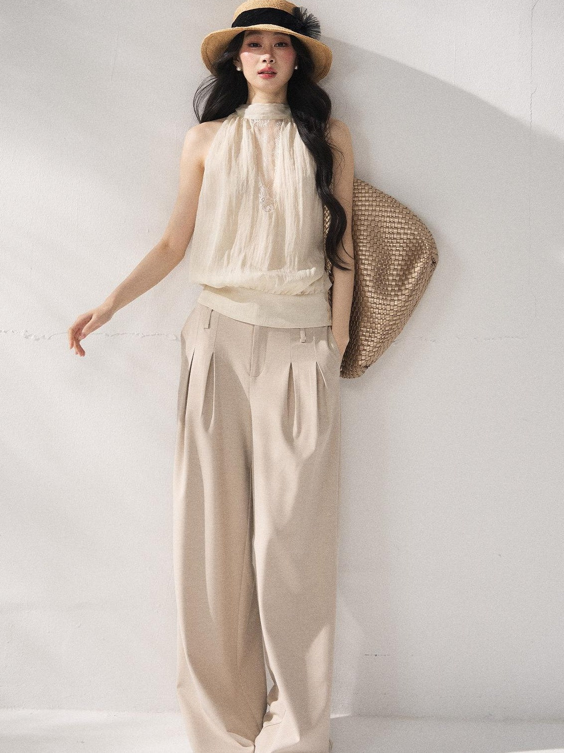 7Shiftin Soft Lyocell Loose Halter High Neck Short Beige Womens Off Shoulder Crop Tops