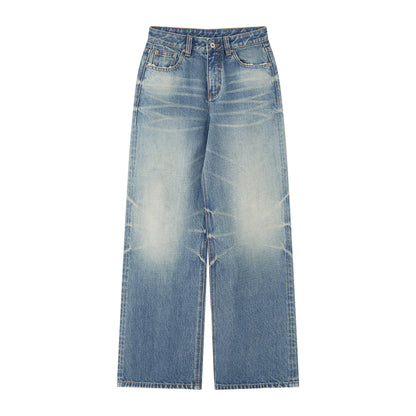 RUN TO THE FUTURE Washed Vintage Blue Low Rise Loose Fit Unisex High Cotton Denim Straight Jeans