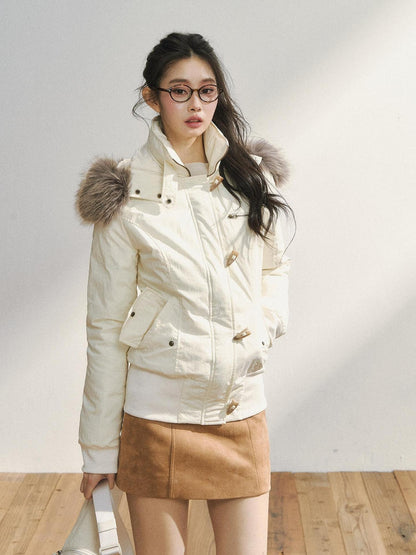 7Shiftin Warm Hooded Two Tone Fur Collar Toggle Closure Short Casual Women Puffer Jackets