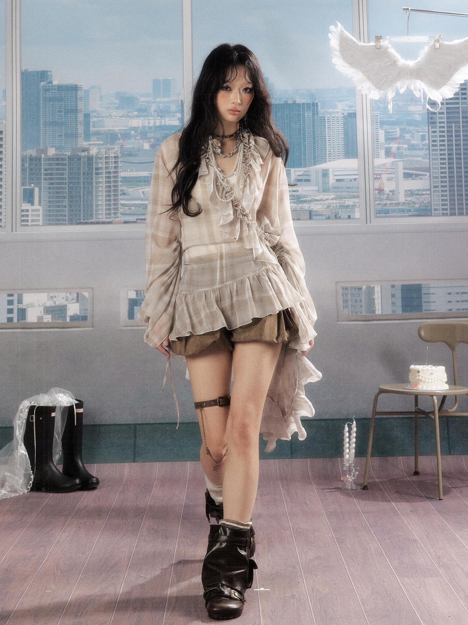 ALL iN plan Vintage Loose Long Sleeve Fairy Beige Plaid Casual Women Polyester Dress