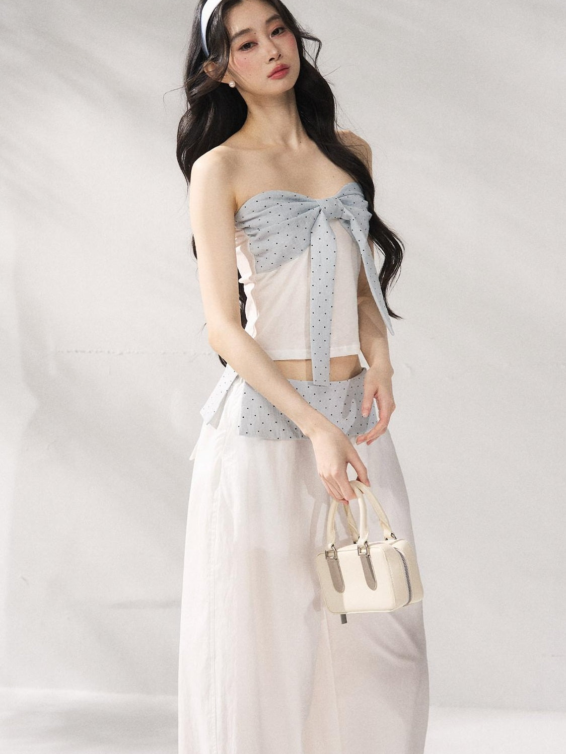 7Shiftin Polka Dot Bow Cropped Three Piece High Waist Sleeveless Women Top &amp; Pants Sets