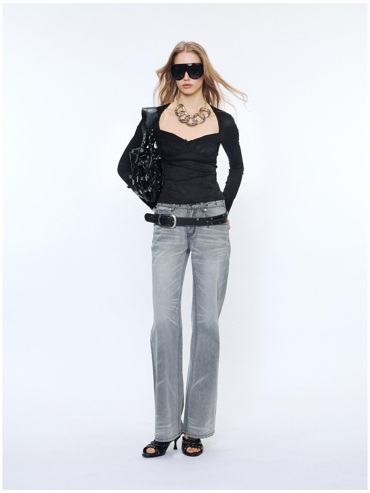 2th Desire Sexy Nylon Slim Vneck Cropped Butterfly Bow Black Long Sleeve T-Shirts